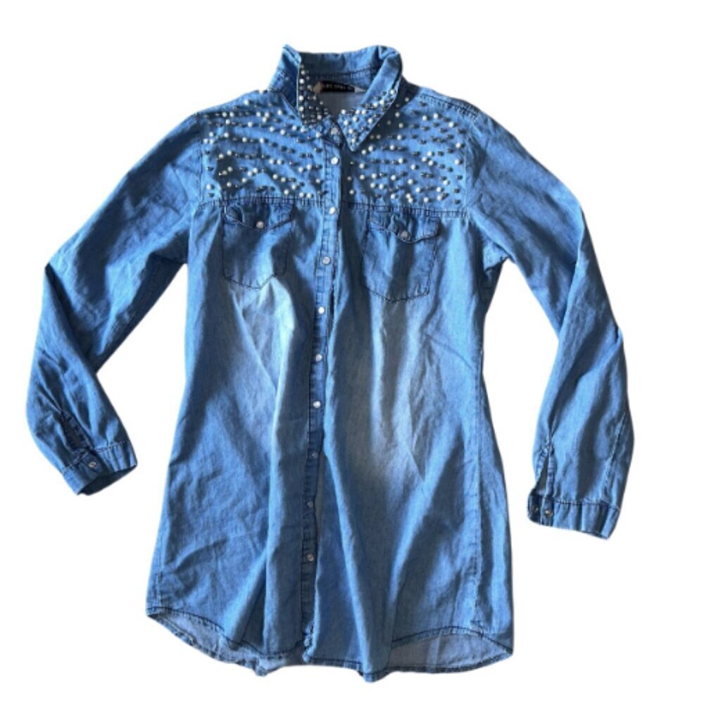 Big Dart Embellished Pearl Rhinestone Denim Shirt Hi Low Tunic Medium